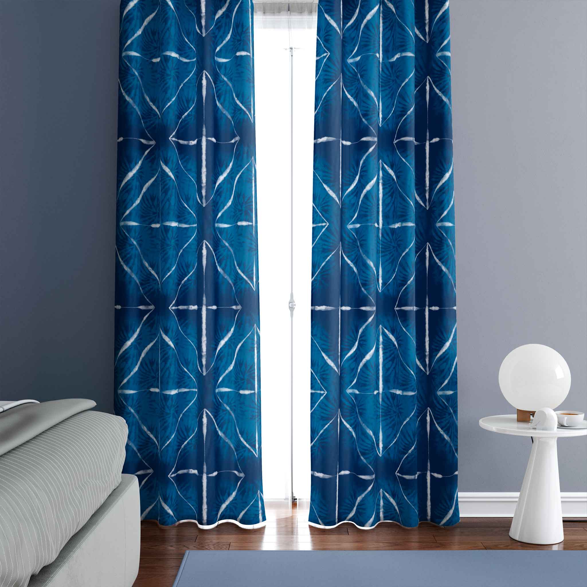 50 inch wide tie dye patterned curtains extra large diamond on indigo blue background. Order two to complete a window-scape.