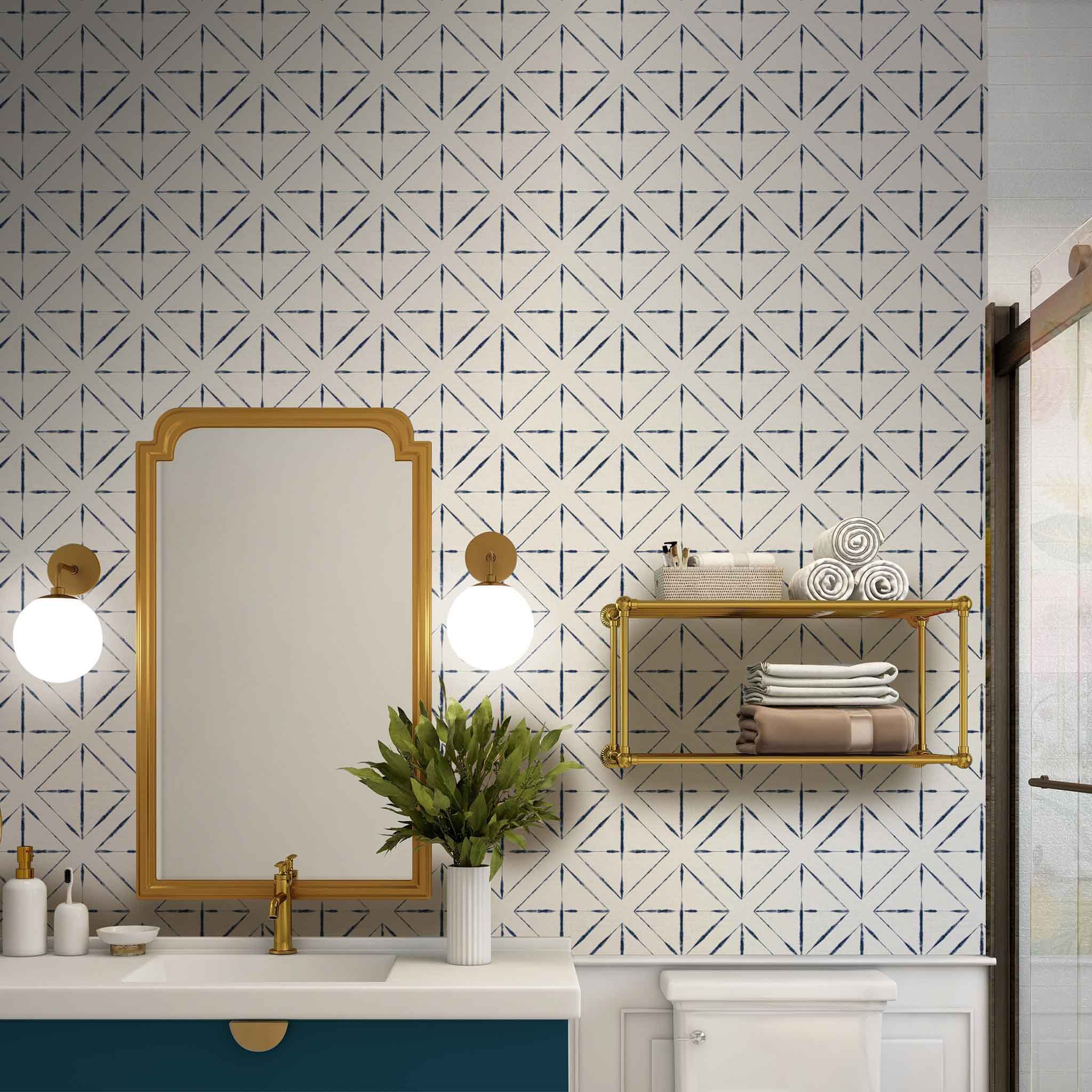 Shibori Indigo Tie Dye Cabana Smaller Pattern on White Peel & Stick and Pre-Pasted Wallpaper in a bathroom