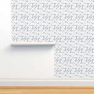 Shibori Indigo Tie Dye Cabana Smaller Pattern on White Peel & Stick and Pre-Pasted Wallpaper roll size