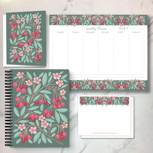 Shop our Cherries design on all our products: note cards, folded note cards, notebooks and weekly planners.