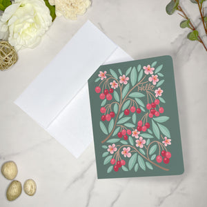 Set of 10 Folded Fruit Note Cards covered in Cherries Design. Each card is 4.25 x 5.5 inches and includes envelopes.