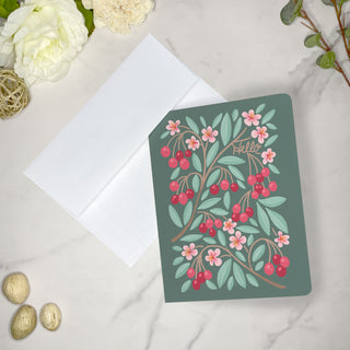 Set of 10 Folded Fruit Note Cards covered in Cherries Design. Each card is 4.25 x 5.5 inches and includes envelopes.