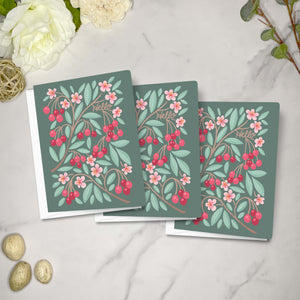 Set of 10 Folded Fruit Note Cards covered in Cherries Design. Each card is 4.25 x 5.5 inches and includes envelopes.