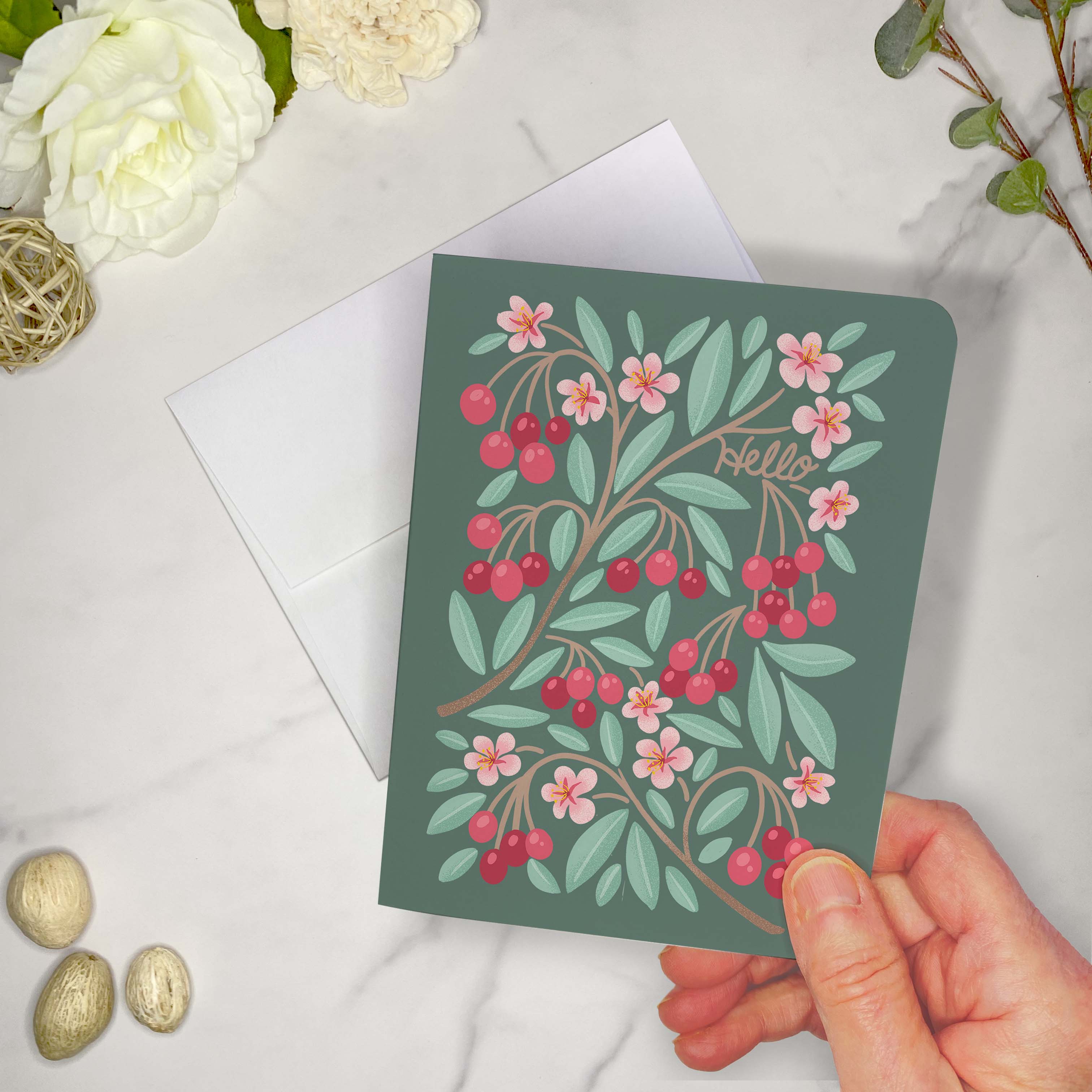 Set of 10 Folded Fruit Note Cards covered in Cherries Design. Each card is 4.25 x 5.5 inches and includes envelopes.