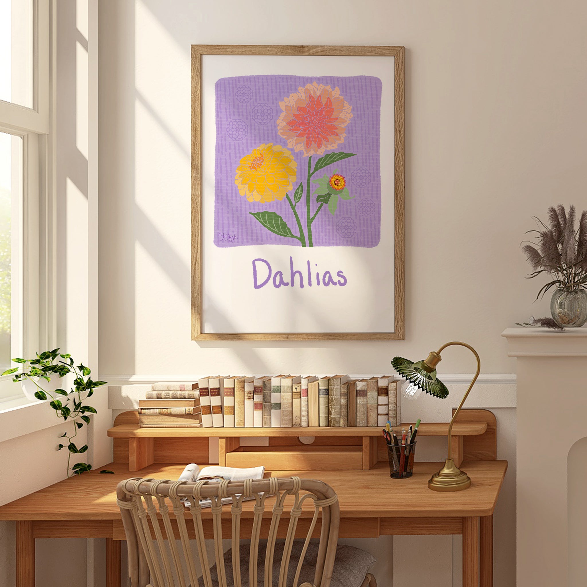 Delightful Dahlias Giclee Print Framed Example - All art is unframed