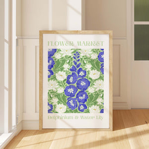 Delphinium and Water Lily Flower Market Giclee print available in multiple sizes