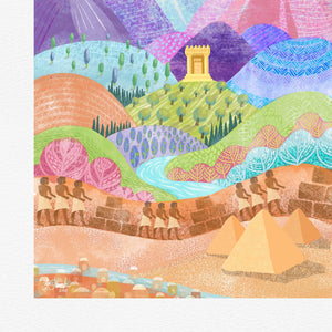 The detail of the painting technique to create this artwork of the land of Egypt with the Promised Land as a dream that will be realized when the Lord redeems the Hebrews from slavery.
