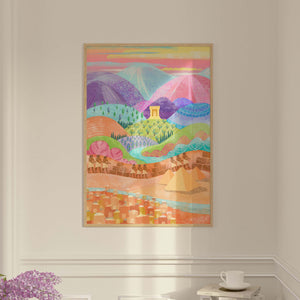 Egypt to the Promised Land vertical landscape in bright pastels depicting the dream of the Promised Land for the Hebrews.