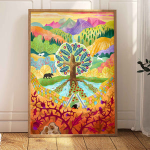 The Garden of Eden depicted as a bright folk-art landscape with lush vegetation and rolling hills. Eden was nourished with four rivers yet Adam and Eve were cast out of Eden into thorns after rejecting God's commands.
