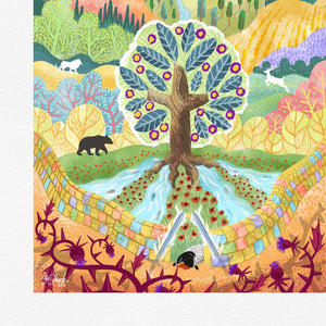 Detail of the style of painting within this landscape of the Garden of Eden