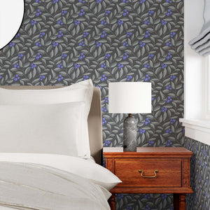 Blueberries on dark gray background wallpaper styled for elegance with a contemporary artistic flair.