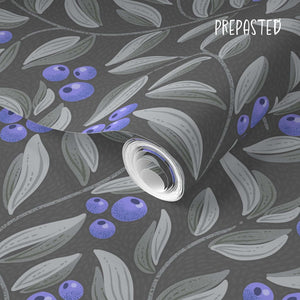 Blueberries on dark gray background wallpaper Pre-Pasted is water activated for easy install. Great for high moisture rooms