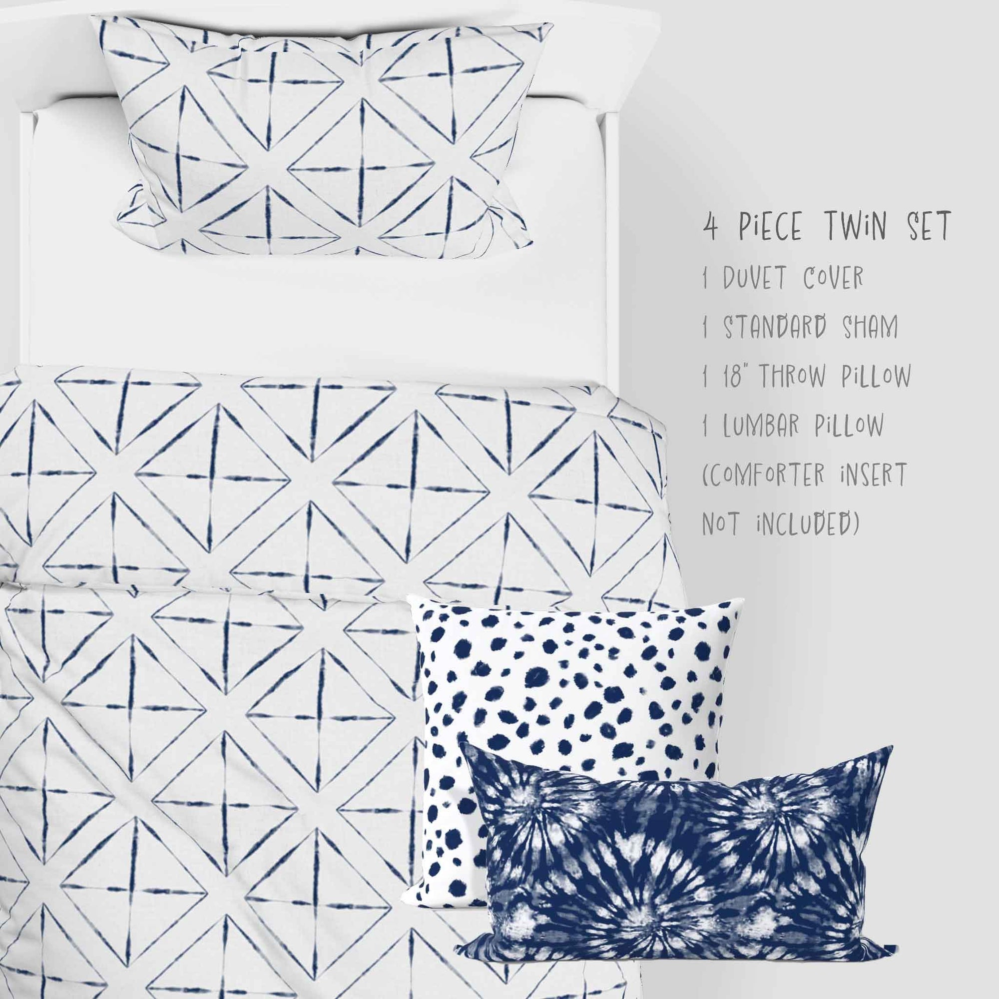 4 piece twin bedding set with the Shibori Indigo Cabana pattern. Includes 1 standard sham, 1 18 inch throw pillow and one lumbar pillow for a twin size bed
