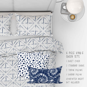  6 piece Shibori Indigo Cabana set. With two shams, duvet cover, two 18inch throw pillows and one lumbar pillow for king, queen and full size beds.