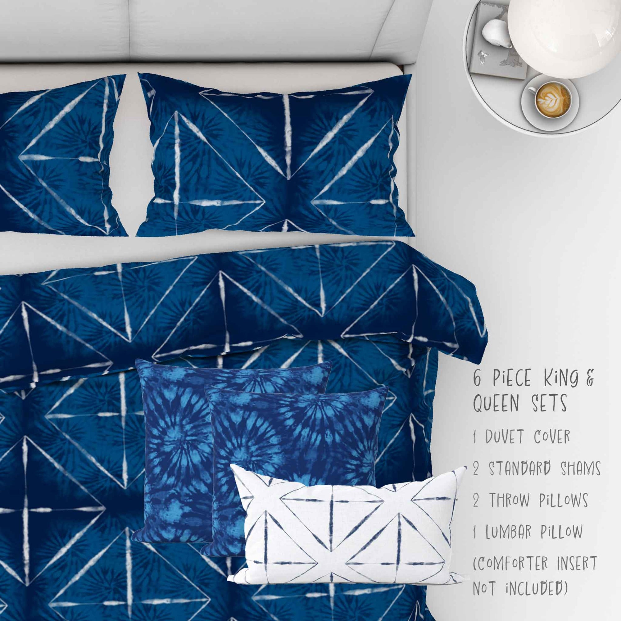 6 Piece Shibori Indigo Midnight Cabana bed set. Two shams, two 18 inch throw pillows, one lumbar and a duvet cover.