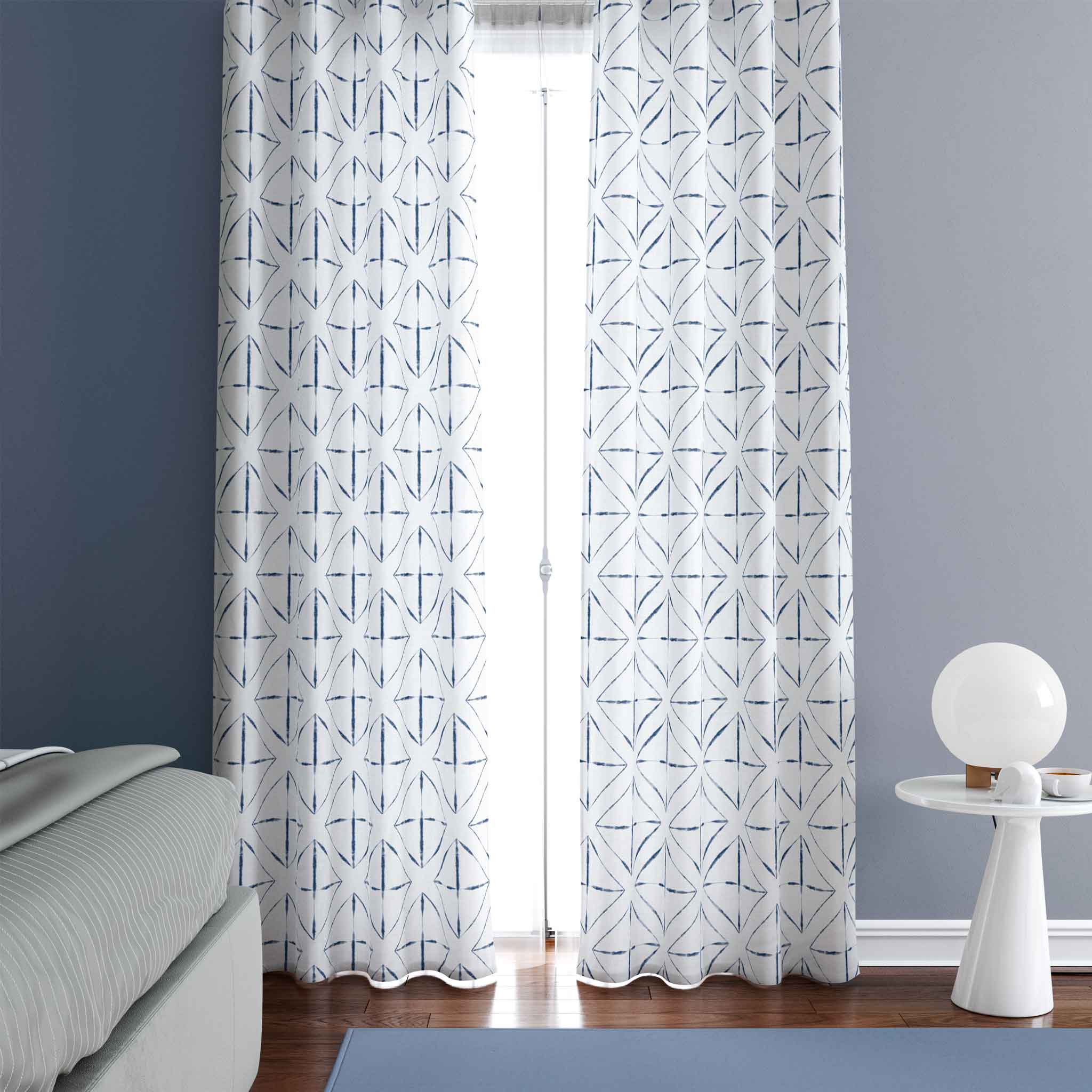 50 inch wide tie dye patterned curtains extra large indigo diamond on white background. Order two to complete a window-scape.