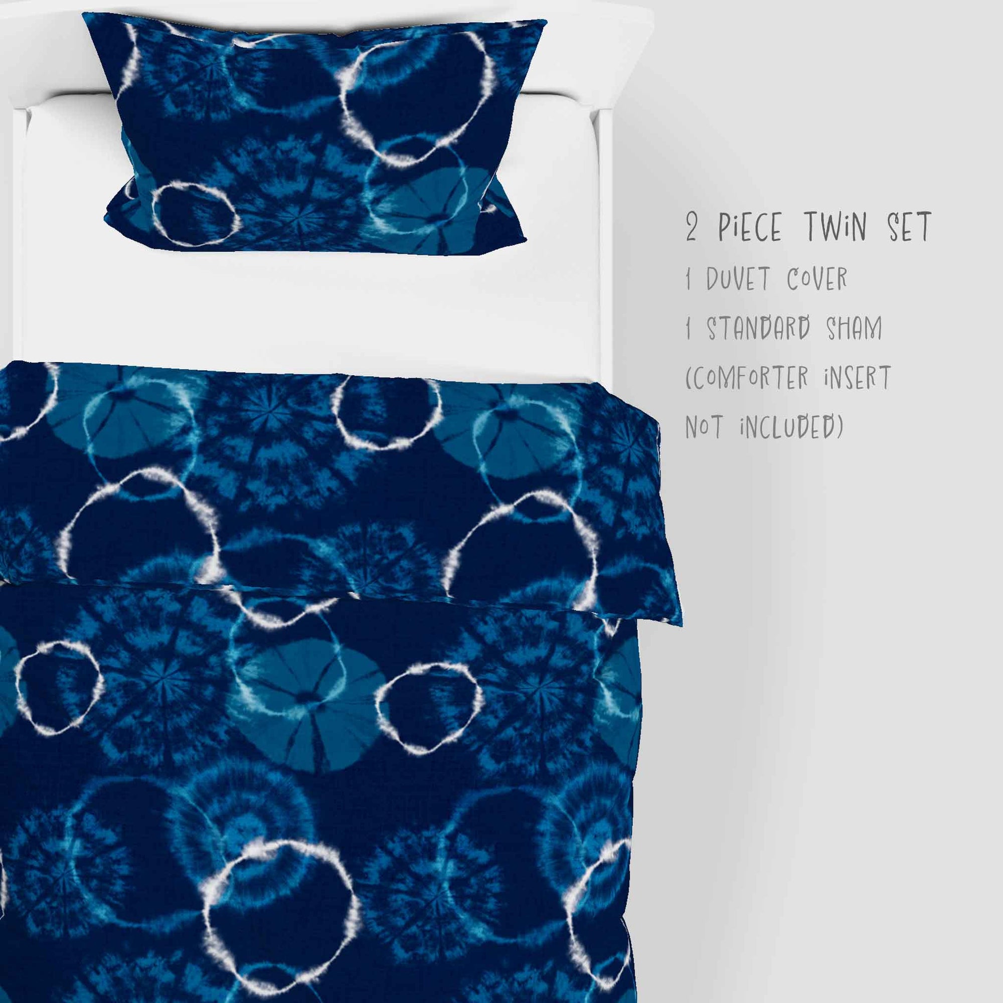 2 piece Shibori Indigo Tie Dye Dream pattern. Available in twin size Your order arrives with a duvet cover and one sham.