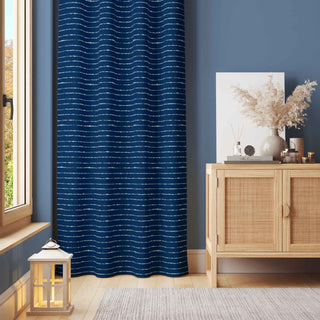 50 inch wide tie dye patterned indigo horizon curtains. Order two to complete a window-scape.