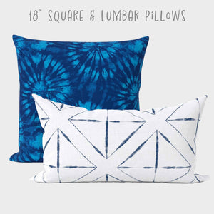 Shibori Indigo Midnight Cabana 18" throw pillow and lumbar pillow designs.
