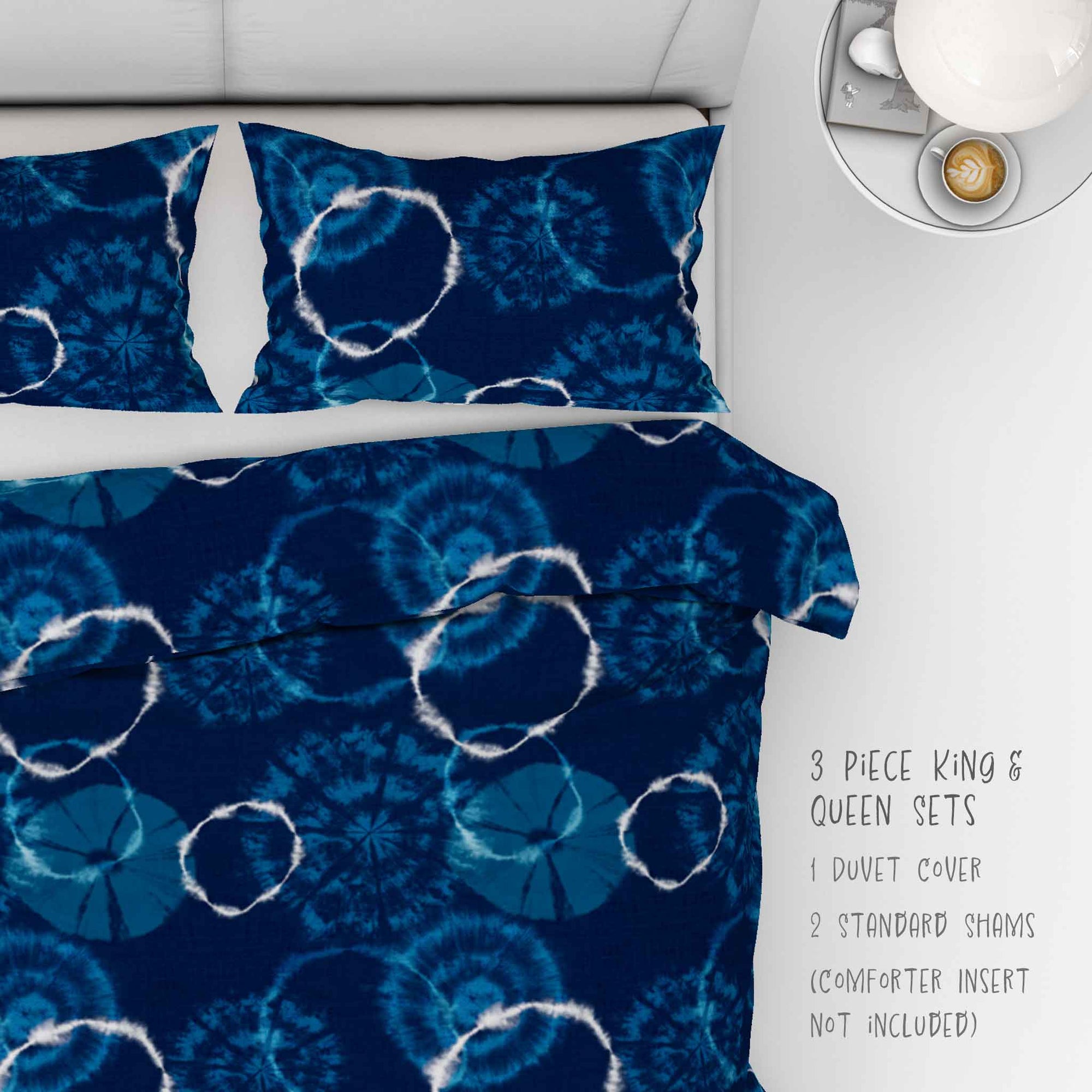 3 piece Shibori Indigo Tie Dye Dream pattern. Available in full/queen, king/cal. king sizes. Your order arrives with duvet cover and two shams.