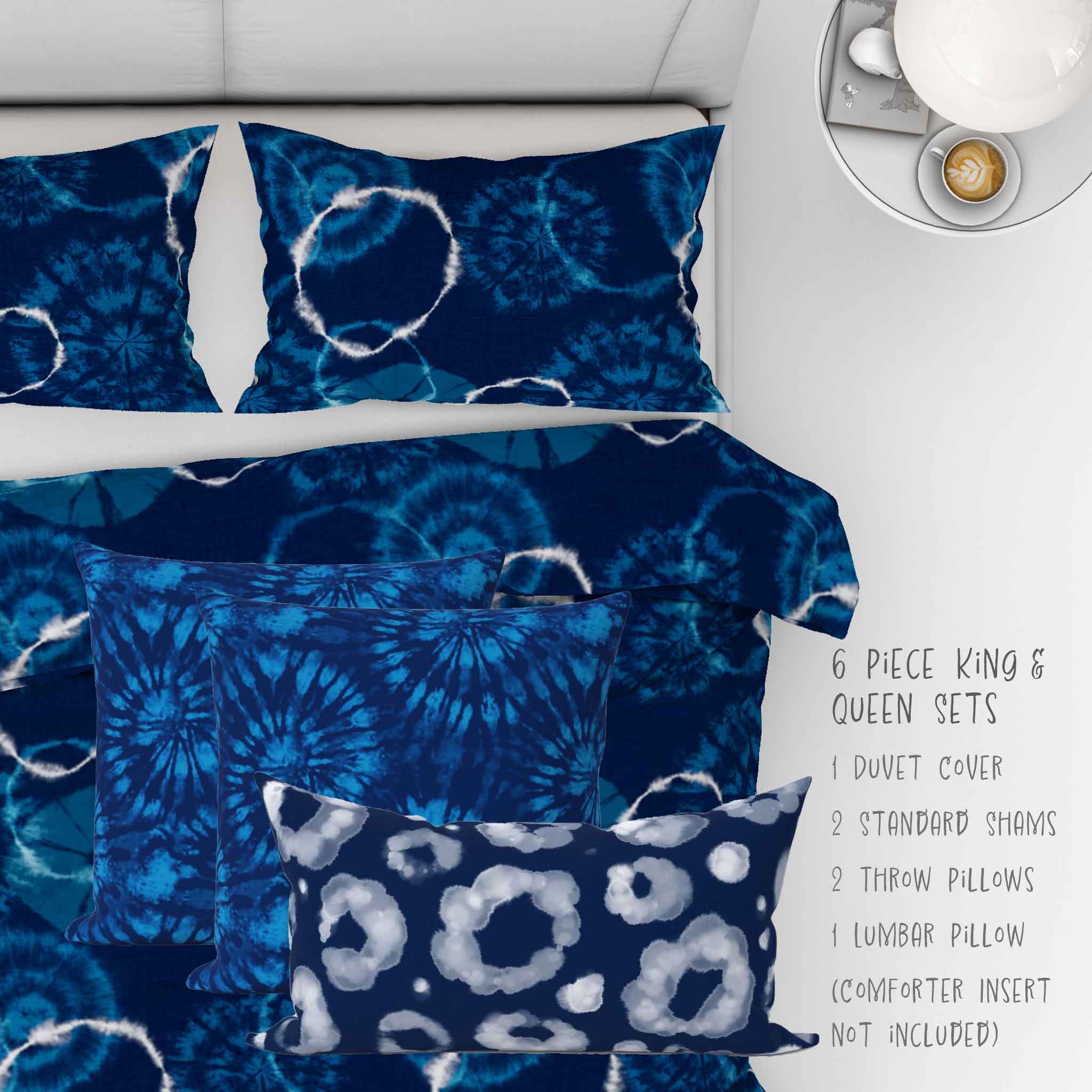6 piece Shibori Indigo Tie Dye Dream pattern. Available in full/queen, king/cal. king sizes. Your order arrives with duvet cover, two shams, two 18 inch throw pillows and one lumbar pillow.