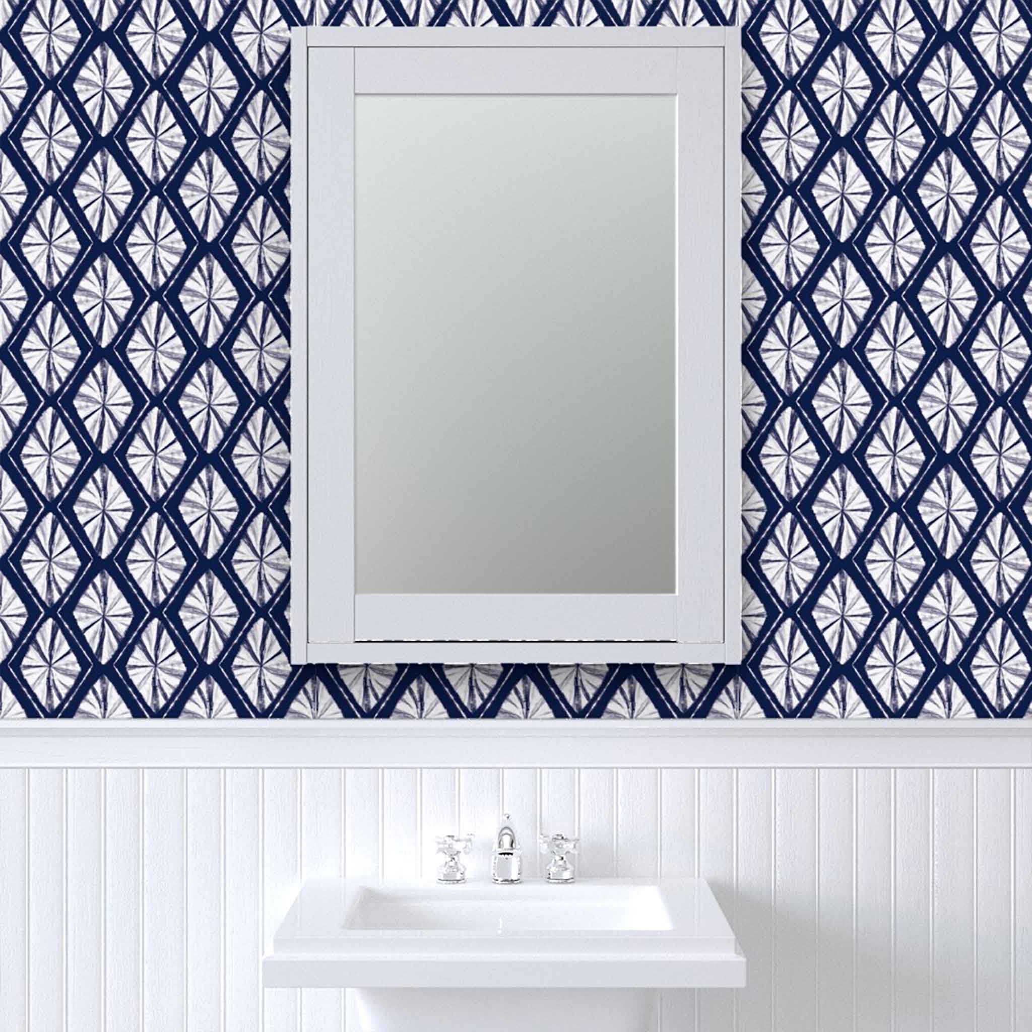 Shibori Indigo Tie Dye Diamonds Pattern Peel & Stick and Pre-Pasted Wallpaper bathroom example