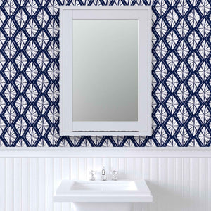 Shibori Indigo Tie Dye Diamonds Pattern Peel & Stick and Pre-Pasted Wallpaper bathroom example