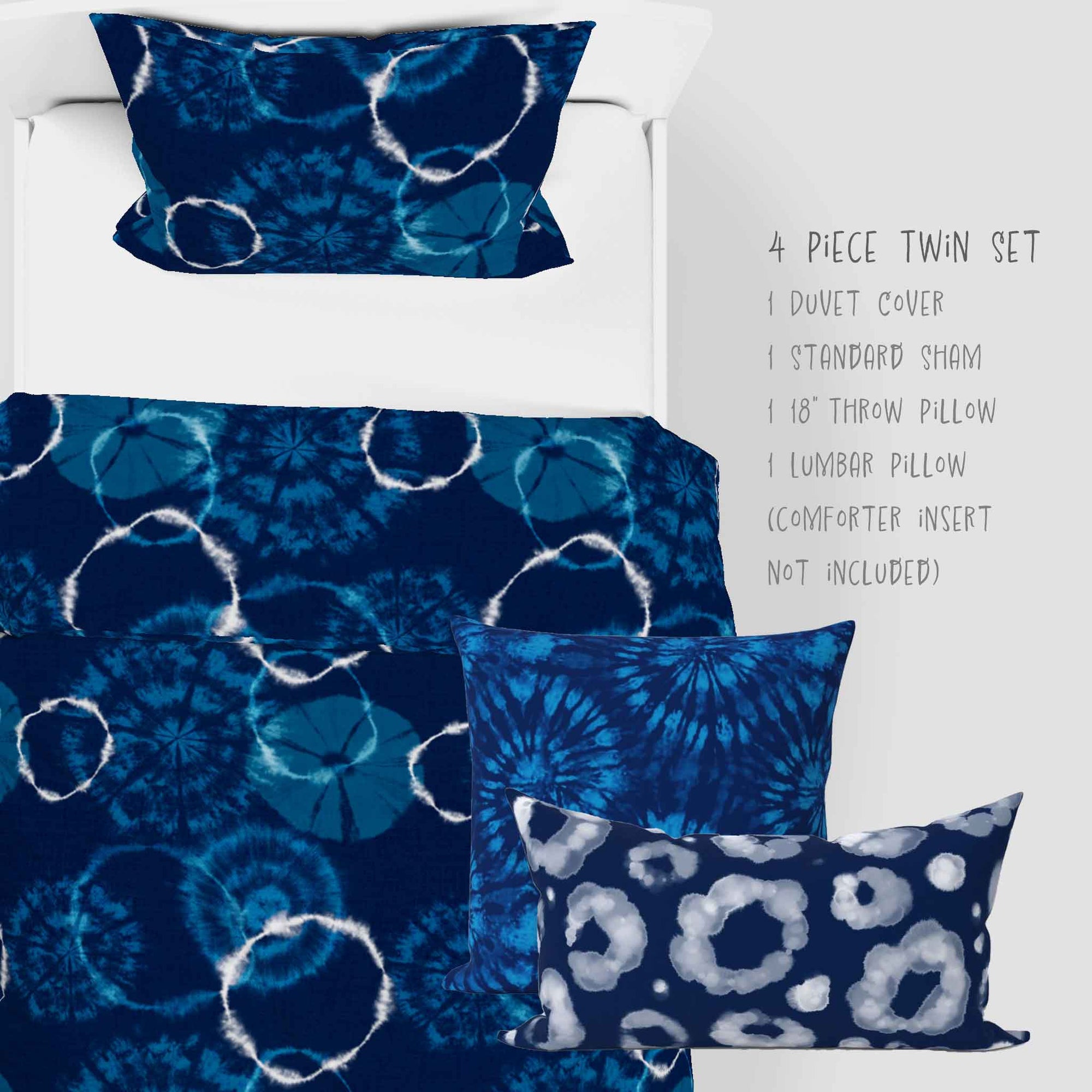 4 piece Shibori Indigo Tie Dye Dream pattern. Available in twin size. Your order arrives with duvet cover, one sham, one 18 inch throw pillow and one lumbar pillow.