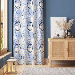 50 inch wide tie dye patterned indigo curtains. Order two to complete a window-scape.