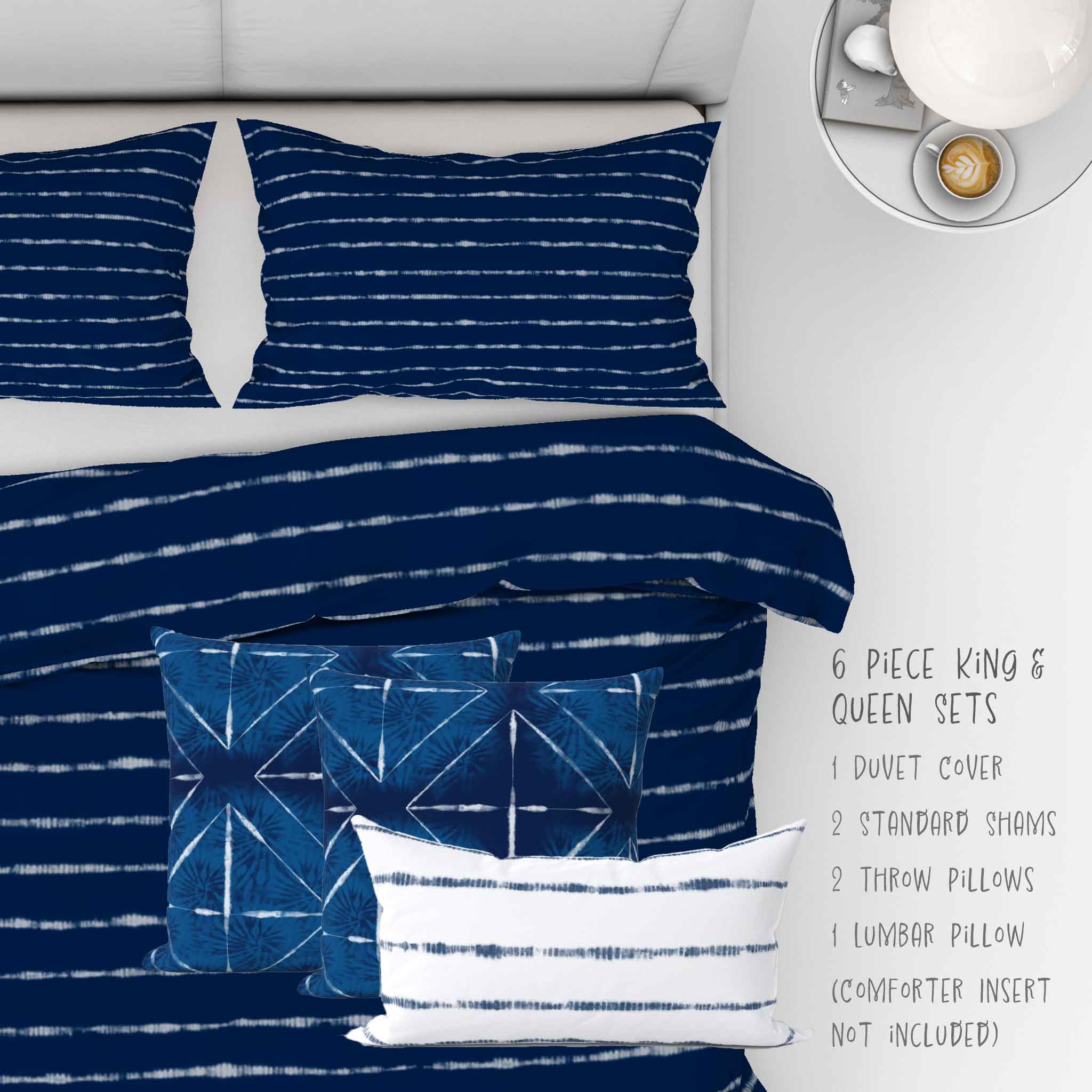 6 Piece Shibori Indigo Horizons in Blue bedding set. Set includes two shams, duvet, two 18 inch throw pillows and one lumbar pillow. Available in twin, full, queen, king and cal. king.