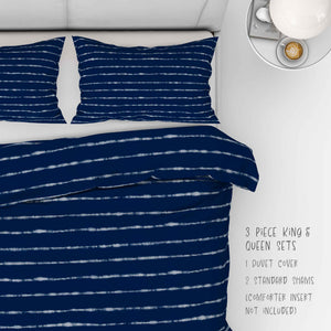 3 Piece Shibori Indigo Horizons in Blue bedding set. Set includes two shams and a duvet cover. Available in full, queen, king and cal. king.