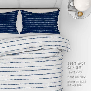 Shibori Indigo Tie Dye White Horizons bedding set. Available in full, queen, king and cal. king sizes. 4 Piece set includes 2 shams and a duvet cover.