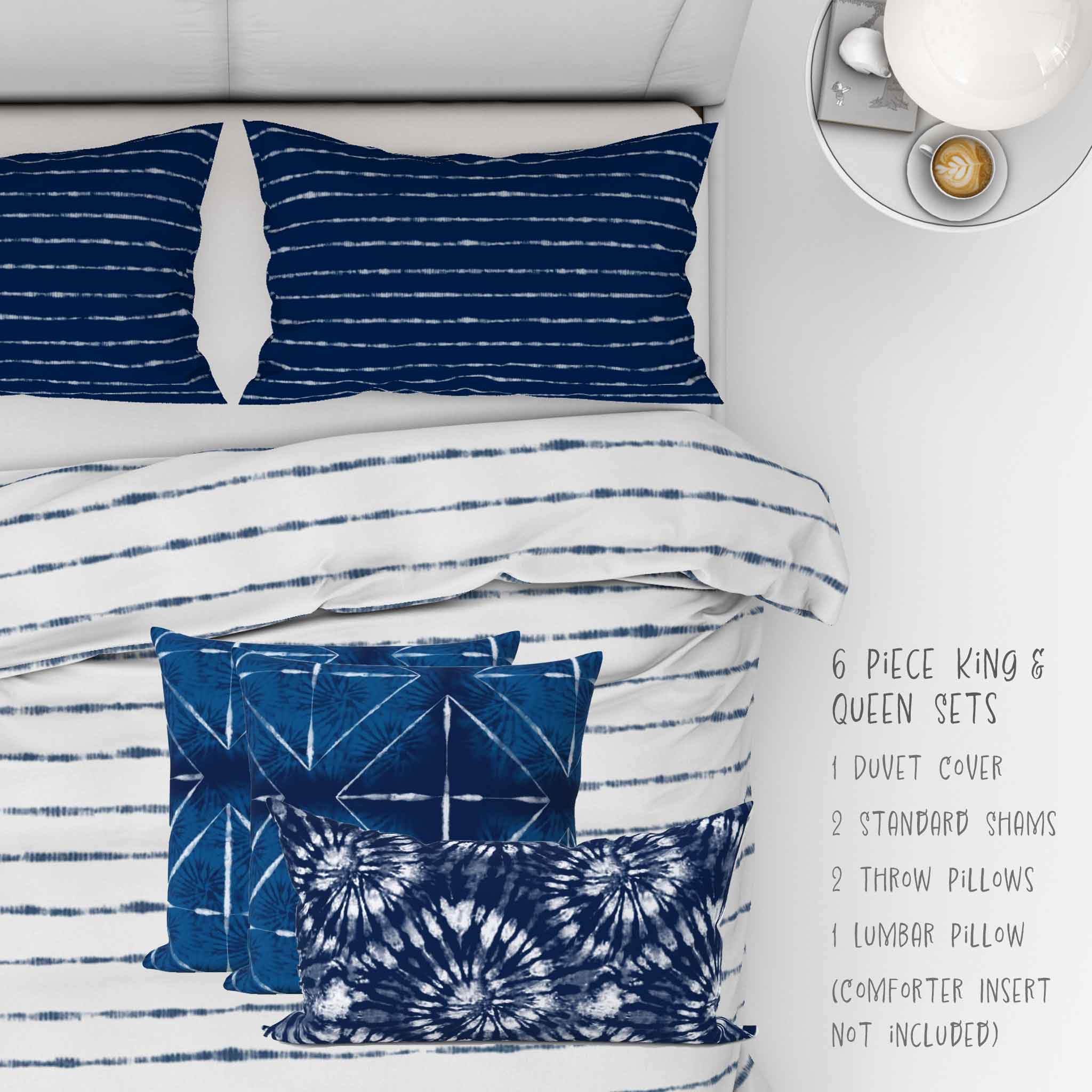 Shibori Indigo Tie Dye White Horizons bedding set. Available in full, queen, king and cal. king sizes. 6 Piece set includes 2 shams, duvet cover, two 18inch throw pillows and one lumbar pillow.