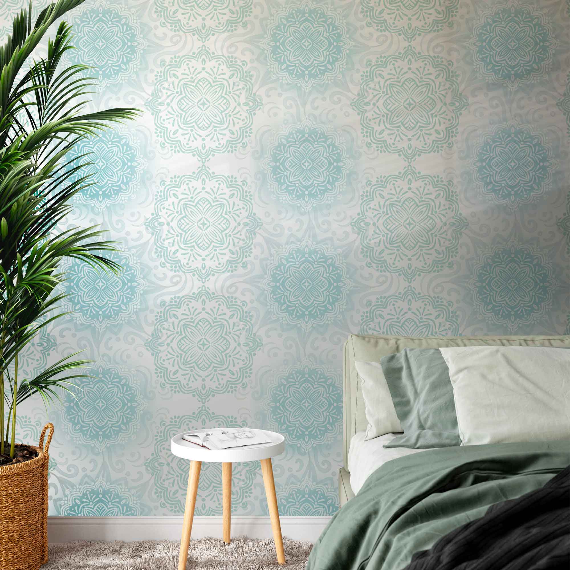 Boho Hand-drawn Mandalas in pastel Blue and Aqua Removable Peel & Stick and Pre-Pasted Wallpaper Bedroom example