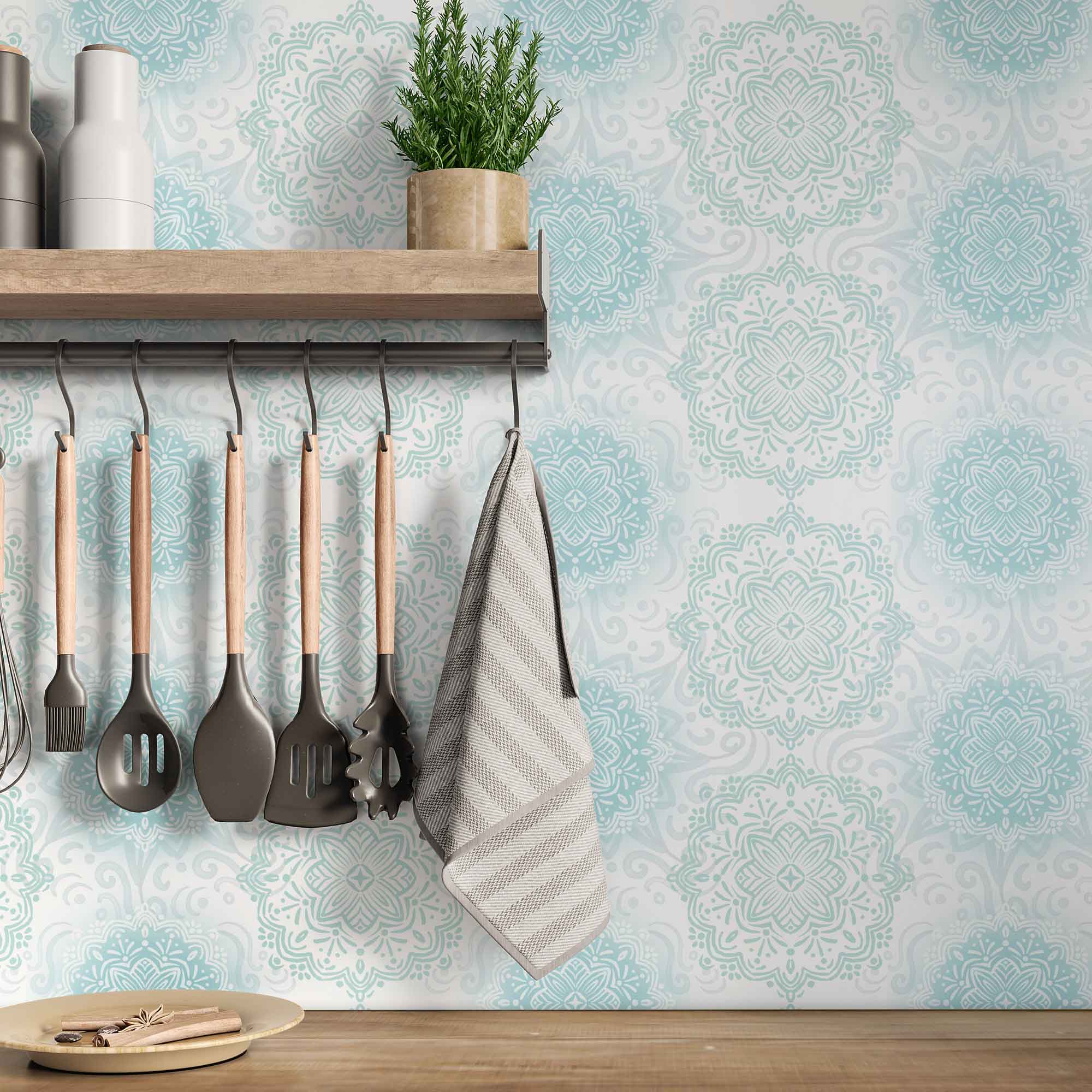 Boho Hand-drawn Mandalas in pastel Blue and Aqua Removable Peel & Stick and Pre-Pasted Wallpaper Kitchen example