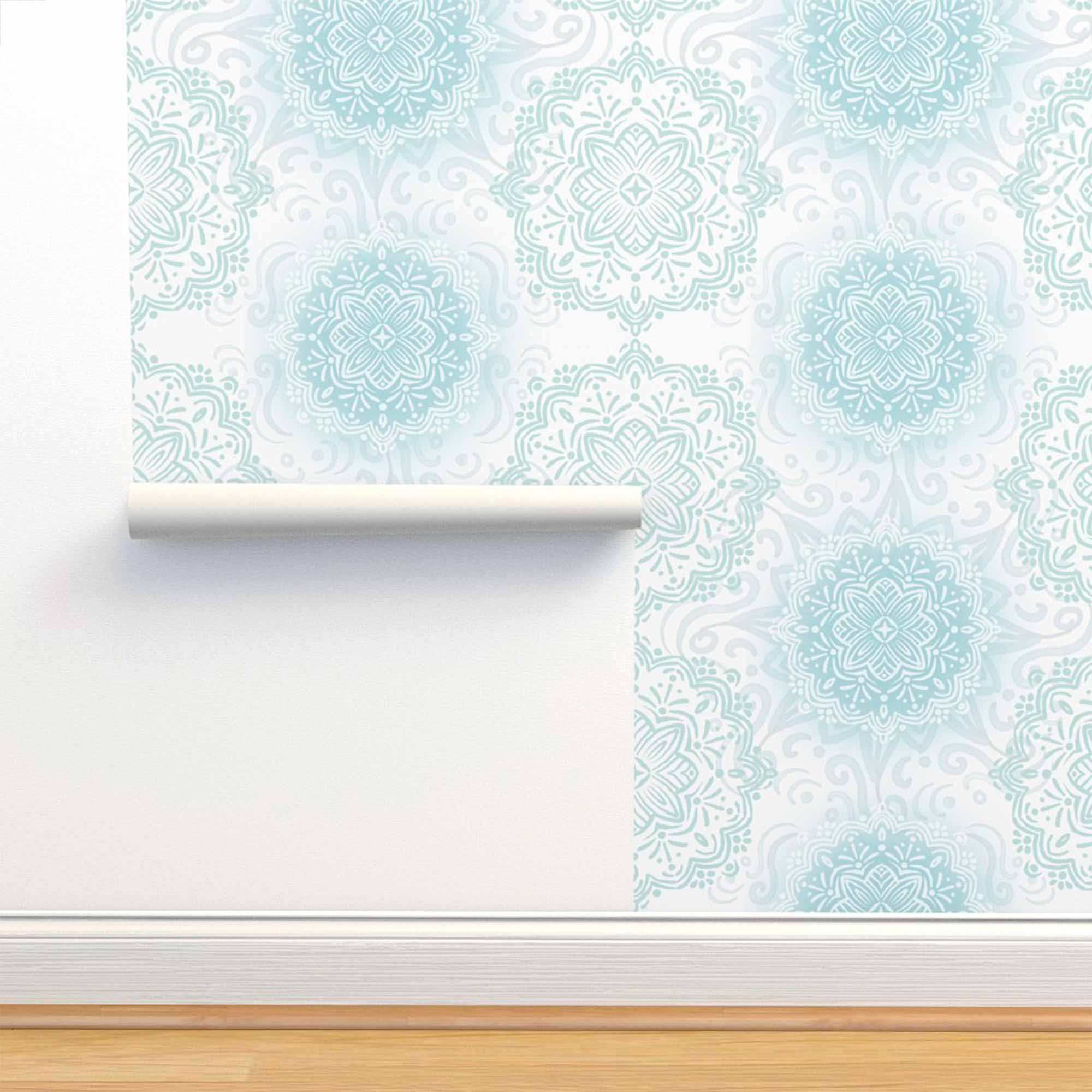 Boho Hand-drawn Mandalas in pastel Blue and Aqua Removable Peel & Stick and Pre-Pasted Wallpaper Roll Size Example
