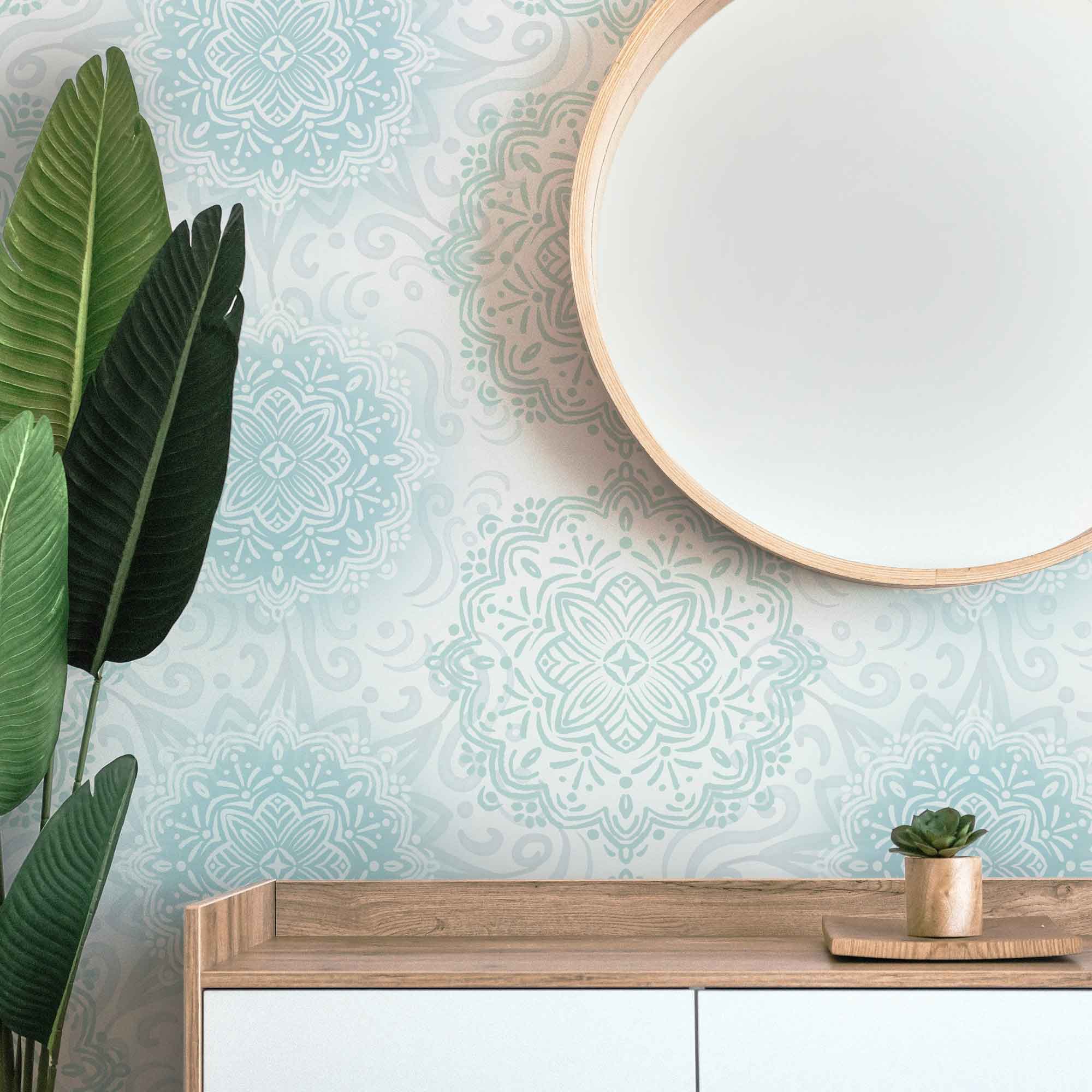 Boho Hand-drawn Mandalas in pastel Blue and Aqua Removable Peel & Stick and Pre-Pasted Wallpaper Dresser example
