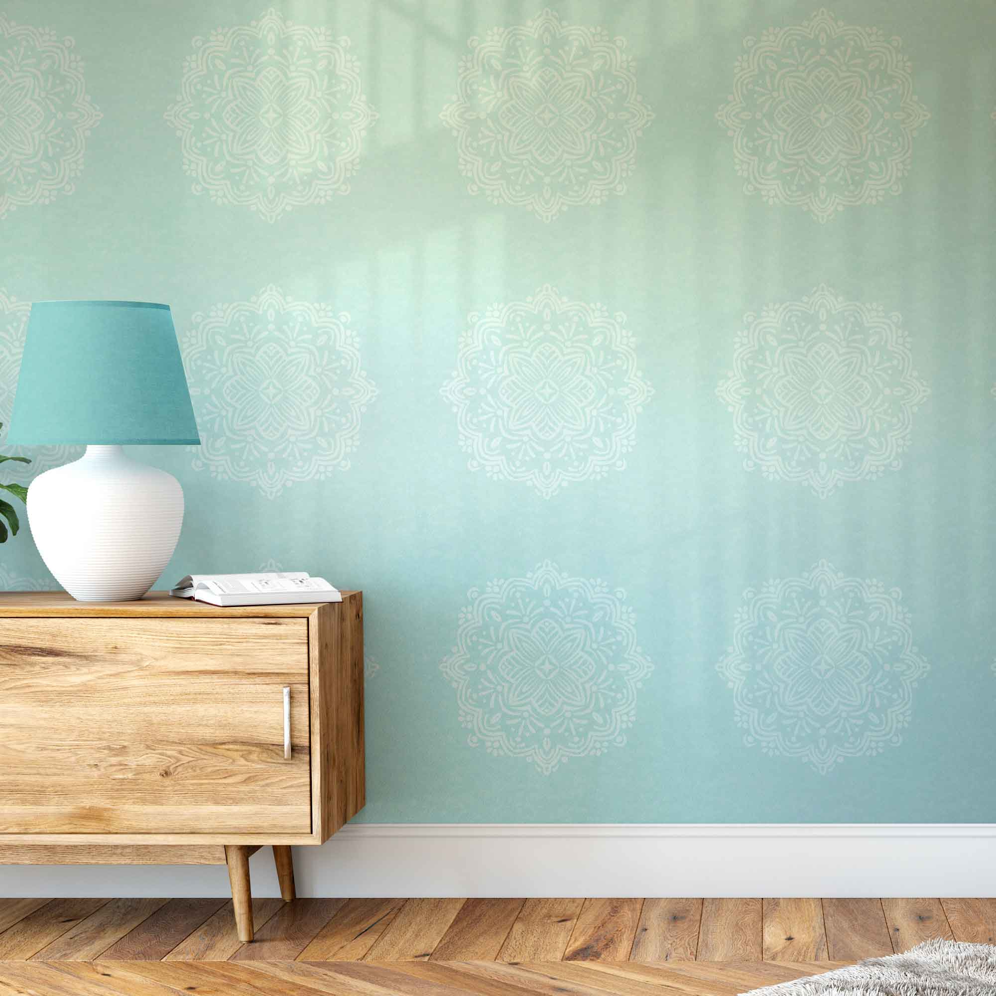 Simple Hand-Drawn Boho Mandalas on Aqua Background Removable Peel & Stick and Pre-Pasted Wallpaper - XL Size - Living Room Example