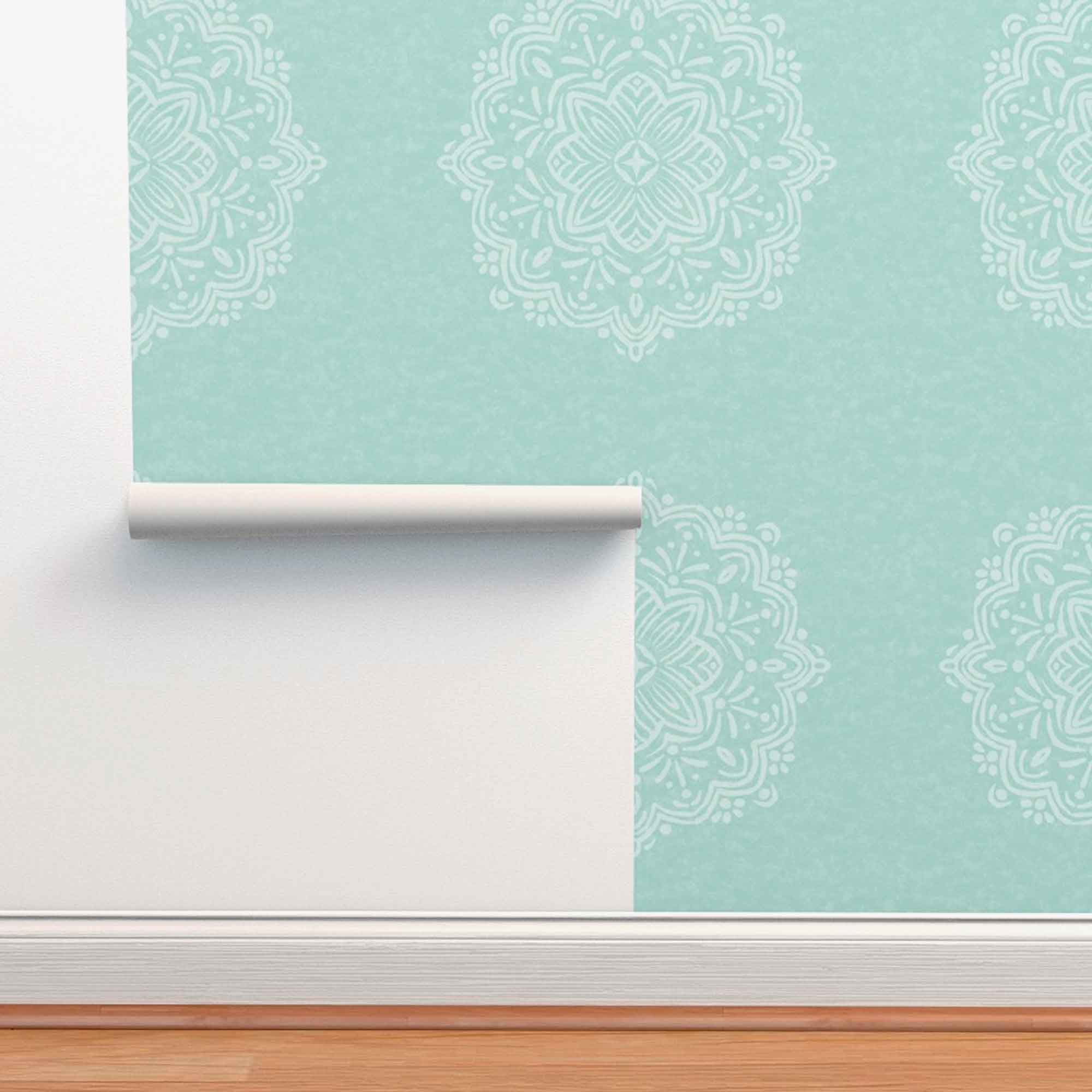 Simple Hand-Drawn Boho Mandalas on Aqua Background Removable Peel & Stick and Pre-Pasted Wallpaper - XL Size - Roll Size