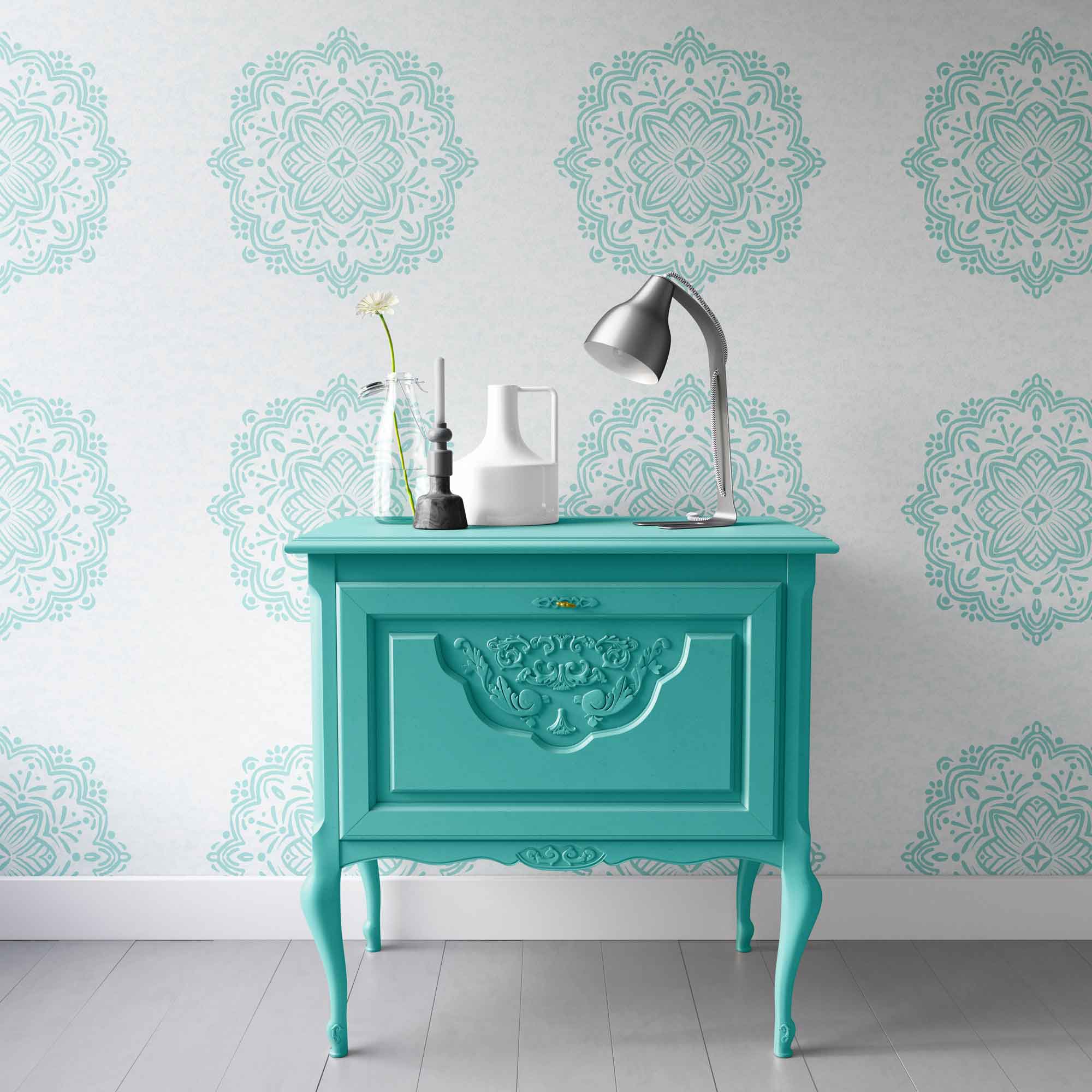 Hand-Drawn Aqua Boho Mandalas on White Watercolor Textured Background Removable Peel & Stick and Pre-Pasted Wallpaper - XL Size - Hallway Example
