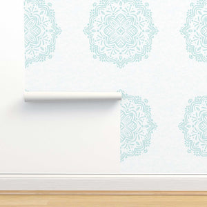 Hand-Drawn Aqua Boho Mandalas on White Watercolor Textured Background Removable Peel & Stick and Pre-Pasted Wallpaper - XL Size - Roll size