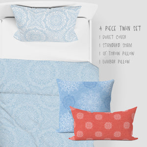 4 Piece set for Twin bed Mandala Blue duvet, sham and throw pillows