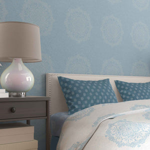Simple Hand-Drawn Boho Mandalas on Light Blue Background Removable Peel & Stick and Pre-Pasted Wallpaper - XL Size - Bedroom Example