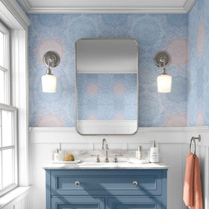 Boho Hand-drawn Mandalas in Blue and Peach on Blue Background Removable Peel & Stick and Pre-Pasted Wallpaper Bathroom example