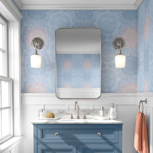 Boho Hand-drawn Mandalas in Blue and Peach on Blue Background Removable Peel & Stick and Pre-Pasted Wallpaper Bathroom example