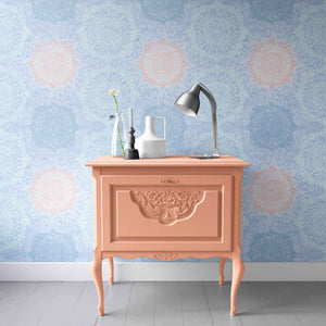 Boho Hand-drawn Mandalas in Blue and Peach on Blue Background Removable Peel & Stick and Pre-Pasted Wallpaper Hallway example