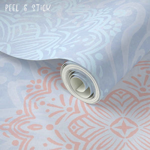 Boho Hand-drawn Mandalas in Blue and Peach on Blue Background Removable Peel & Stick Wallpaper Close Up