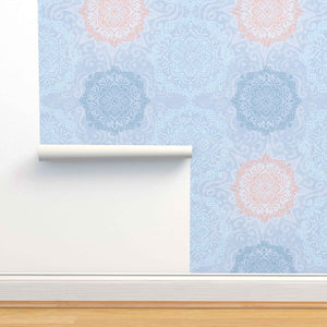 Boho Hand-drawn Mandalas in Blue and Peach on Blue Background Removable Peel & Stick and Pre-Pasted Wallpaper Roll Width