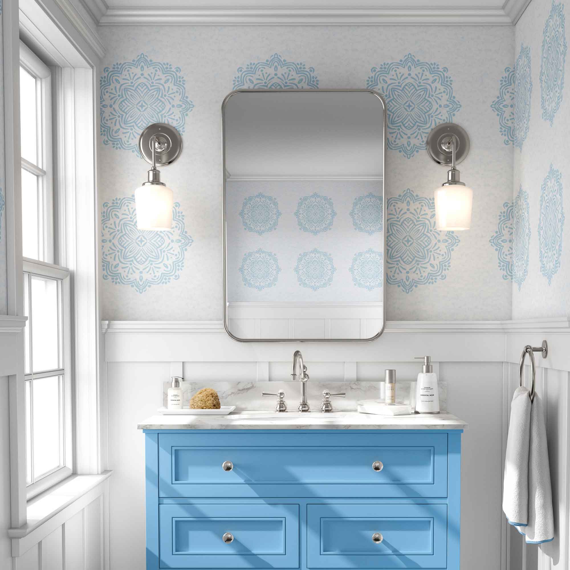 Hand-Drawn Blue Boho Mandalas on White Watercolor Textured Background Removable Peel & Stick and Pre-Pasted Wallpaper - XL Size - Bathroom Example