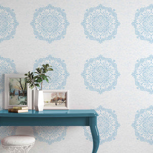 Hand-Drawn Blue Boho Mandalas on White Watercolor Textured Background Removable Peel & Stick and Pre-Pasted Wallpaper - XL Size - Hallway example